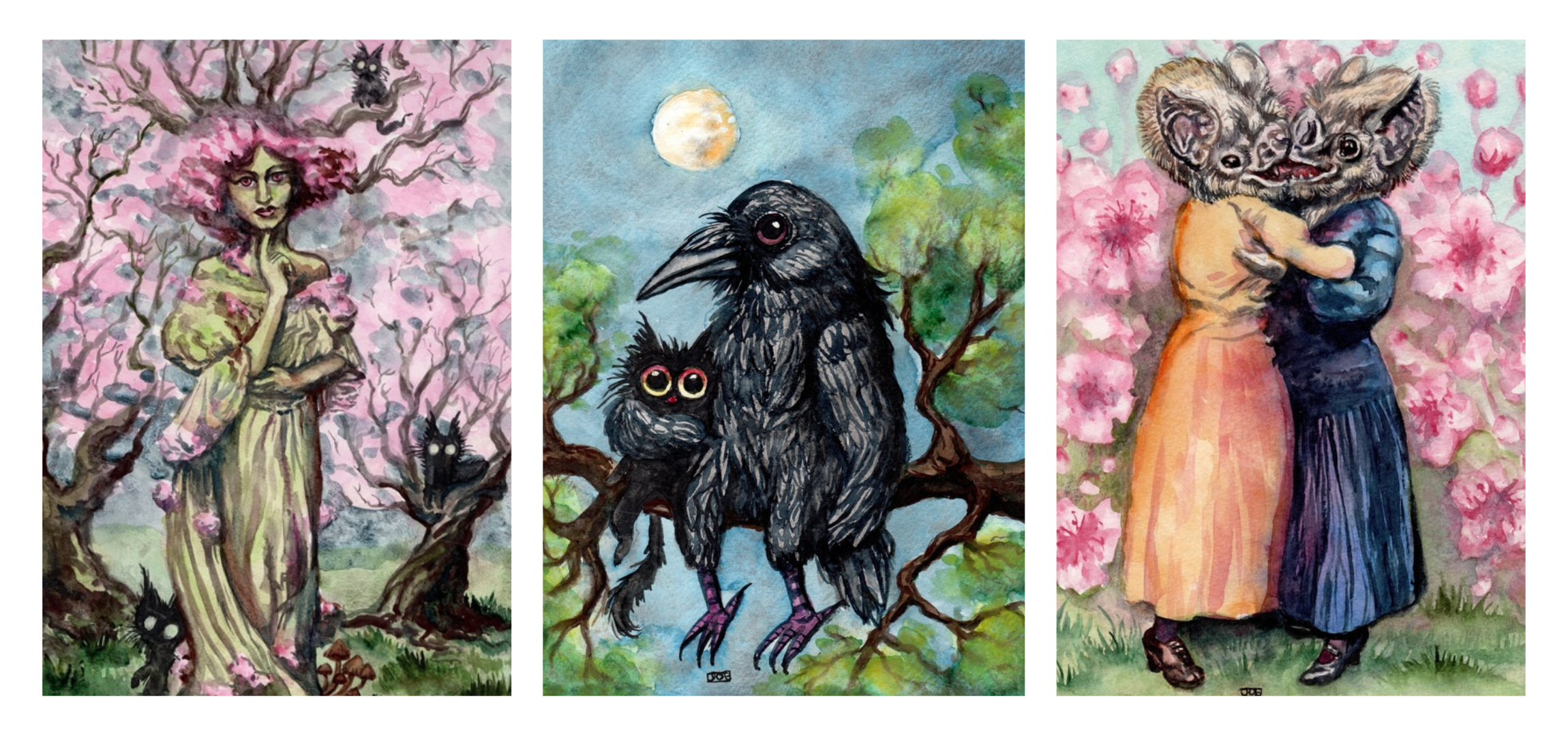 INPRNT Artwork left to right: Cherry Dryad, Moonlight Buddies, and Bloodflower's Kiss by Jo Estey