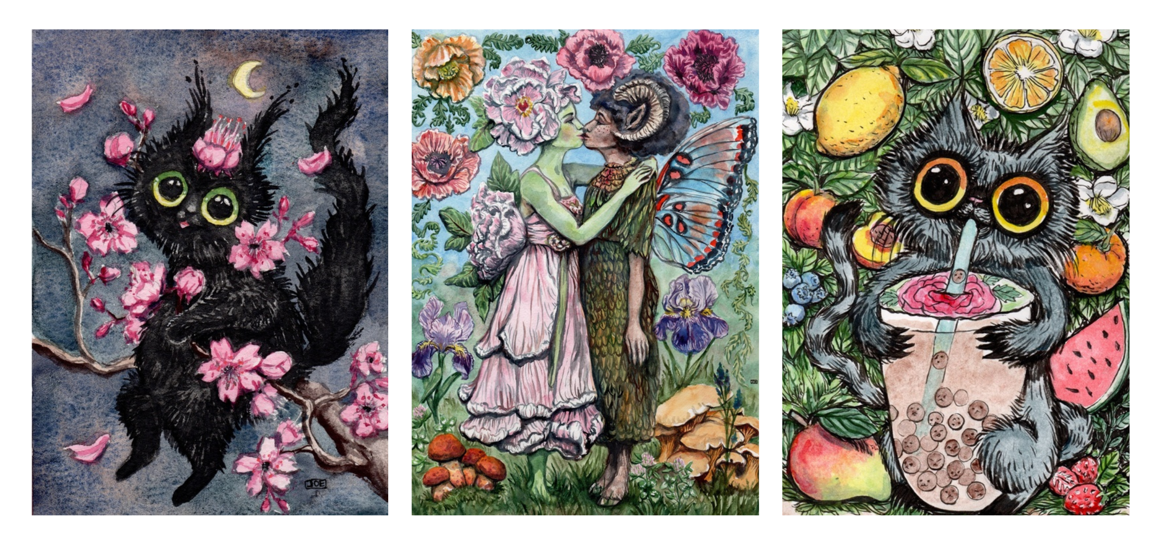 INPRNT Artwork left to right: Cherry Blossom Cutie, Flora and Fauna, and Boba Cat by Jo Estey
