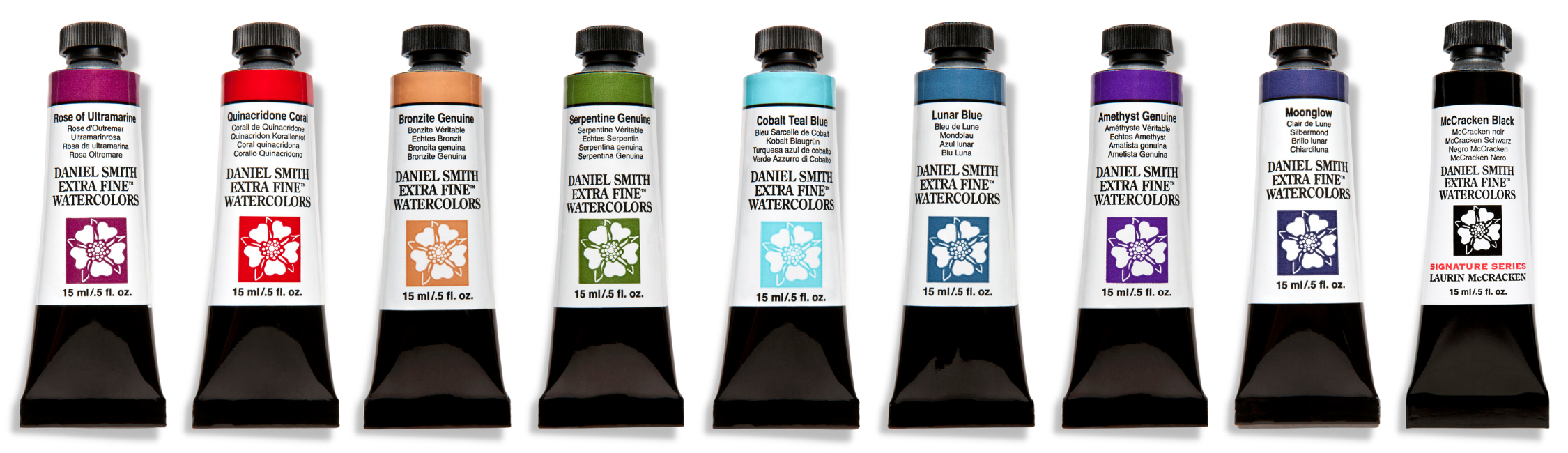 Jo's favorite Daniel Smith Watercolors left to right: Rose of Ultramarine, Quinacridone Coral, Bronzite Genuine, Serpentine Genuine, Cobalt Teal Blue, Lunar Blue, Amethyst Genuine, Moonglow, and McCracken Black
